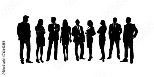 Fototapeta Business men and women, standing business people. Group of isolated vector silhouettes .vector icon

