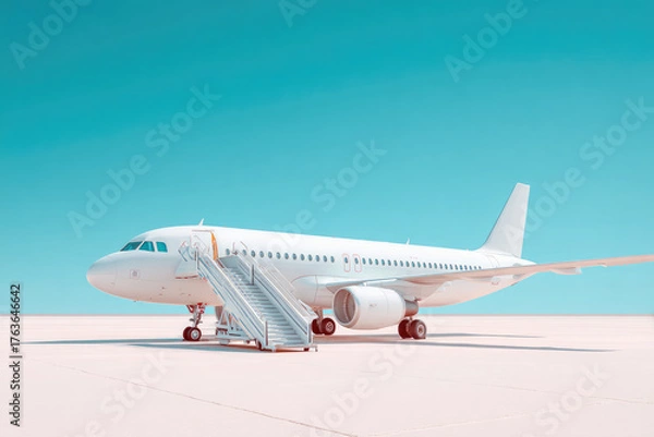 Obraz 
White passenger jet plane with boarding stairs isolated on bright background with sky