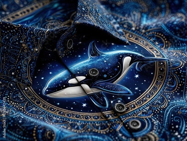 Fototapeta blue and white starry patterned shirt with an orca design on it, a close-up of the whale swimming in space among the stars shaman orca illustration with space and stars