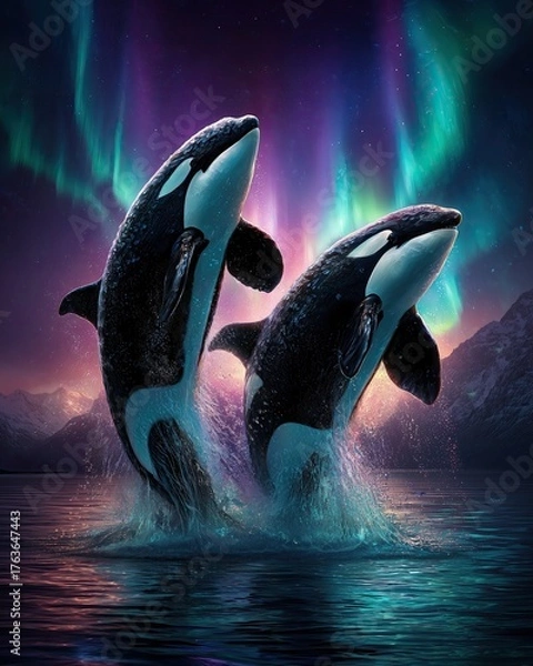 Fototapeta orcas breaching under multicolor aurora, water splashes catching the aurora glow