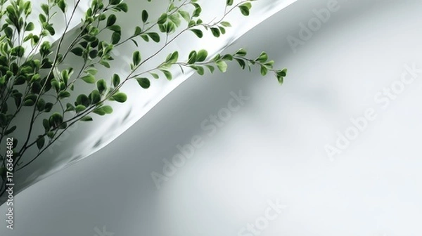Fototapeta Elegant Green Leaves Against Minimalistic White Background