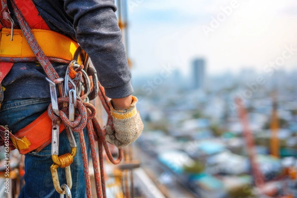 Obraz Construction worker use safety harness and safety line working on a new construction site project.
