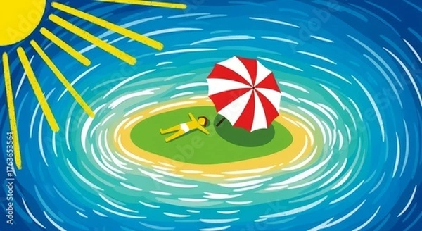 Fototapeta Person Lying Under Red and White Umbrella on Tiny Island Surrounded by Blue Water