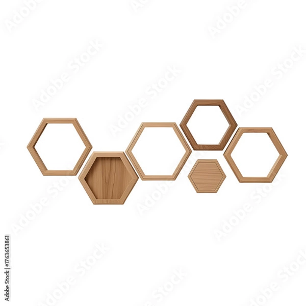 Fototapeta Contemporary hexagonal wooden shelves create a stylish and modern wall display