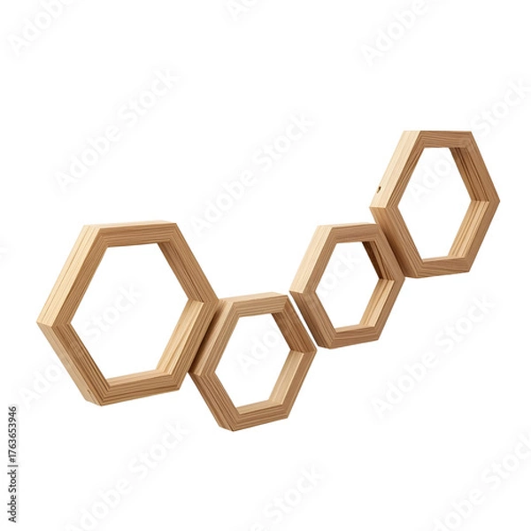 Fototapeta Empty wooden hexagonal floating shelves in a honeycomb pattern isolated on a white background for minimalist interior design