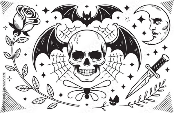 Fototapeta A gothic skull with bat wings, rose, moon, and dagger isolated on white background, embodying dark fantasy and occult themes with intricate line art