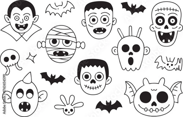 Fototapeta Collection of halloween monster faces isolated on white background, showcasing a variety of spooky and fun characters for festive designs and decorations