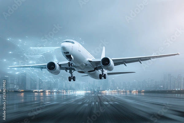 Obraz 
Technology digital future of commercial air transport concept, Airplane taking off from airport runway on city skyline and world map background with copy space, Moving by speed motion blur effect