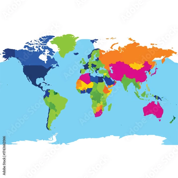 Obraz Colorful illustration of a world map with various countries in different bright colors on a light blue background with white clouds.
