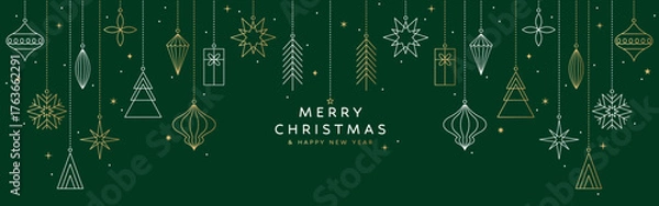 Fototapeta Merry Christmas banner, gold ornament card, green background