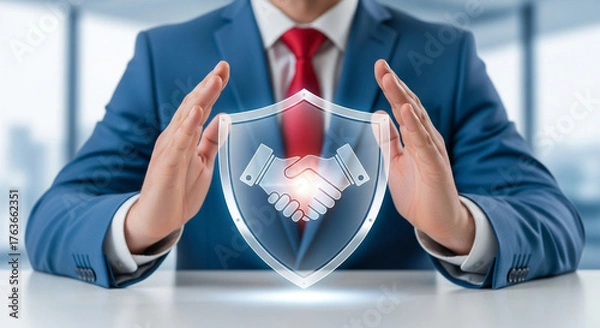 Fototapeta Businessman in suit protecting handshake with shield, symbolizing business partnership and agreement concept
