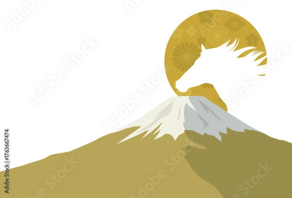 Obraz 午年の年賀状テンプレート　馬と富士山と日の出