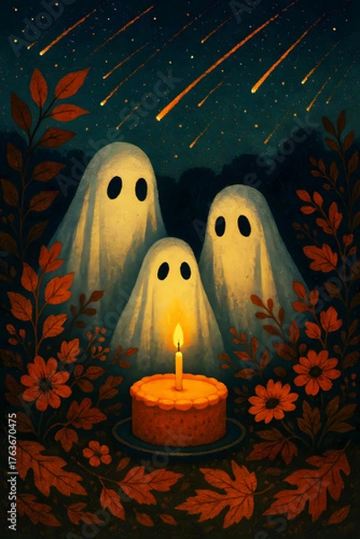 Fototapeta Autumn Ghost Birthday – Meteor Shower Celebration Among Fall Florals