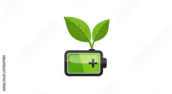 Fototapeta Green Battery with Leaves Symbolizing Sustainable Energy and Eco-Friendly Power Solutions.