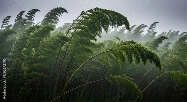 Fototapeta Tall green reeds bending and swaying in a powerful storm.