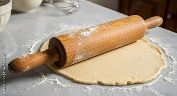 Fototapeta Wooden rolling pin resting on freshly rolled out dough.