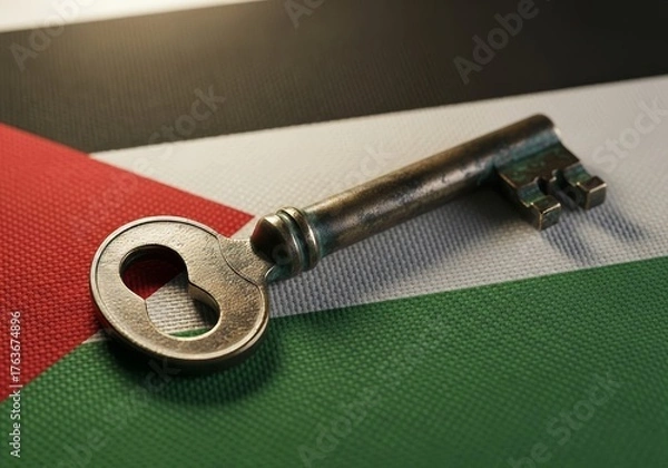 Fototapeta Vintage metal key symbolizing heritage and fundamental rights on national flag fabric