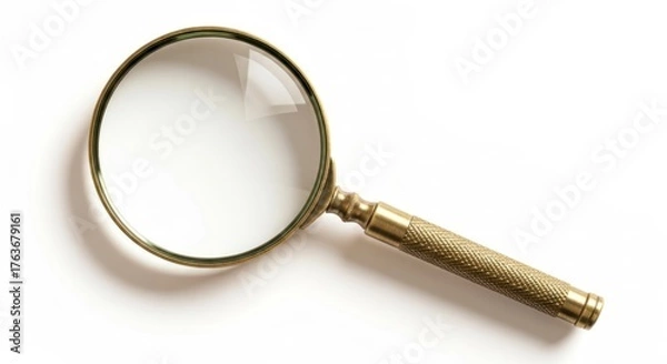 Fototapeta Brass framed magnifying glass with a clear lens casting shadow on a white surface