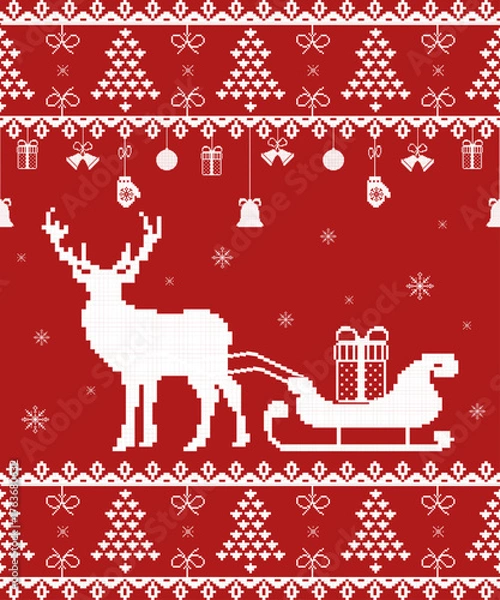 Obraz Christmas seamless pattern with holiday elements such as Christmas tree, reindeer, sleigh, ornaments, and festive decorations. Perfect for winter holidays, seasonal backgrounds, textiles, and greeting