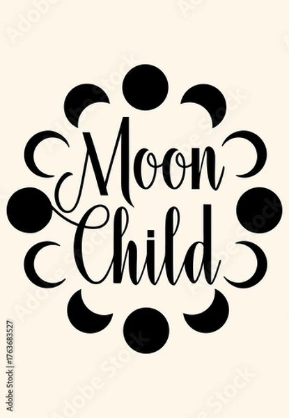 Obraz Modern boho line art with quote ‘Moon Child’, moon phases in simple arc, clean black outline vector on beige background for minimalist wall art and decor

