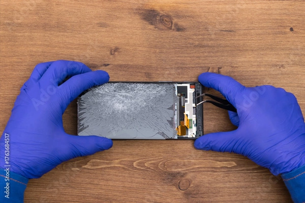 Fototapeta Hands of a craftsman repairing a broken phone display, close-up