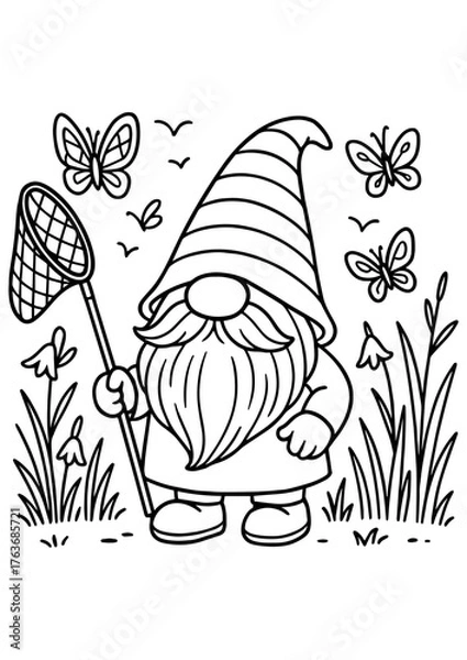 Fototapeta Black and white vector of a summer gnome catching butterflies with a net, perfect for engraving, prints, and creative projects