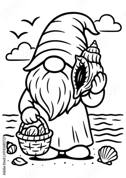 Fototapeta Black and white vector of a summer gnome on the beach listening to a seashell, perfect for engraving, prints, and summer decor