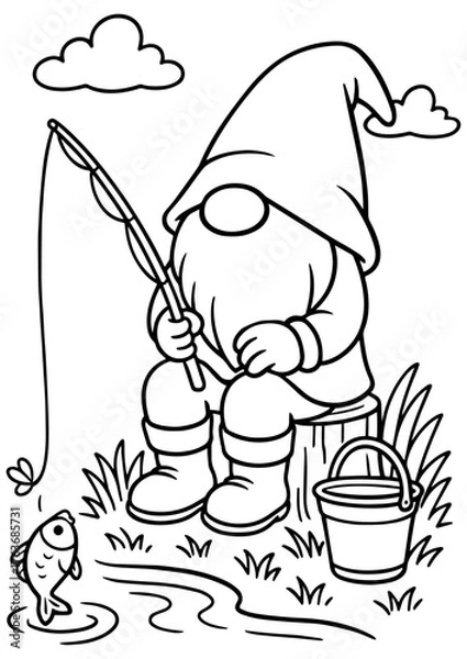 Fototapeta Black and white vector of a summer gnome fishing with a rod by the lake, perfect for engraving, prints, and creative projects
