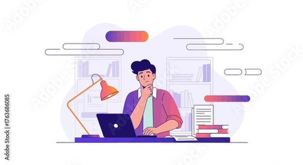 Fototapeta A Thoughtful Businessman Working on his Laptop in an Office Environment