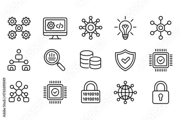 Fototapeta Collection of technology and data icons in a grid layout