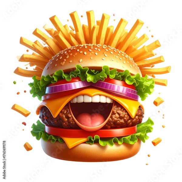 Fototapeta PNG vector of a big laughing burger with fun french fries as spiky hair, smiling face, and playful cartoon