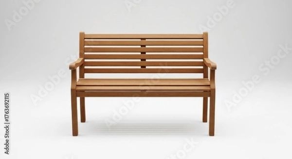 Fototapeta Wooden bench with horizontal slats, centered on a white backdrop