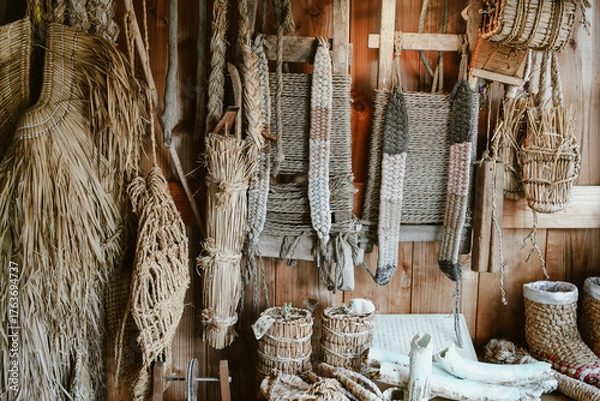 Obraz 古い民具、山間部・雪国の農山村の生活道具