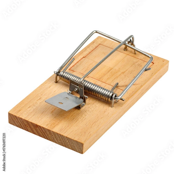 Fototapeta PNG image of a wooden rat trap with metal spring mechanism, showing detailed pest control tool for rodent management, perfect for home safety and pest removal projects
