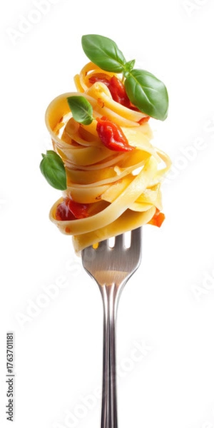 Fototapeta Pasta Tower on a Fork: Delicate ribbons of pasta, adorned with vibrant basil leaves and sun-ripened tomatoes, are artfully balanced on a fork, a culinary masterpiece.