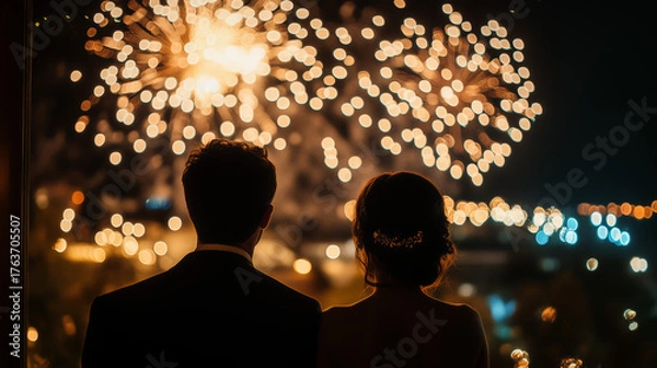 Fototapeta Couple Watches Colorful Fireworks Display From A Window At Night