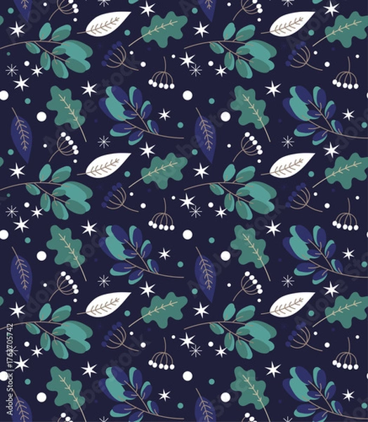 Obraz Winter Seamless Vector Floral Pattern with Green Branches, Leaves and Stars on a dark Blue Background.	