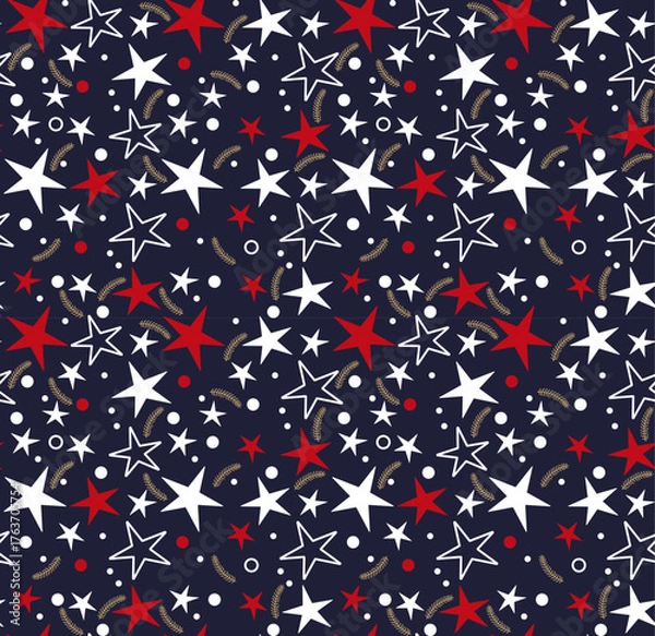 Obraz Winter Seamless Vector Pattern with  Stars on a dark Blue Background.	