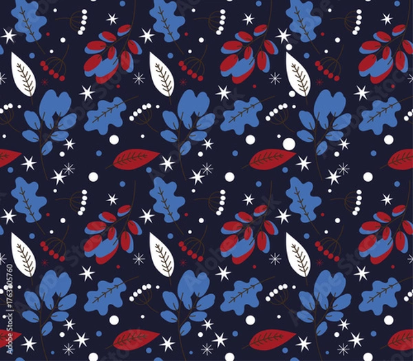 Obraz Winter Seamless Vector Floral Pattern with Branches, Leaves and Stars on a dark Blue Background.	