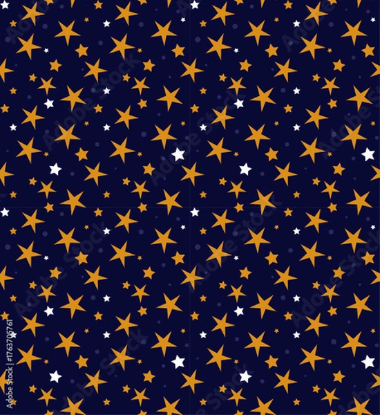 Obraz Winter Seamless Vector Floral Pattern Gold Yellow Stars on a dark Blue Background.	