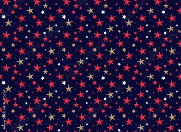 Obraz Winter Seamless Vector Pattern with Red Stars on a dark Blue Background.	