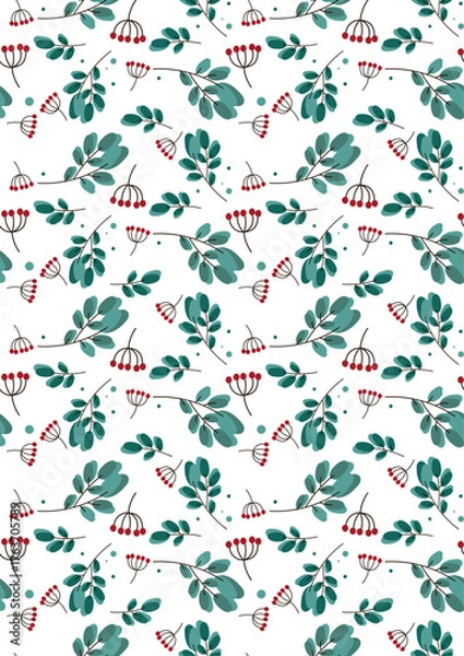 Obraz Winter Seamless Vector Floral Pattern with Green Branches and Leaves on a White Background.	