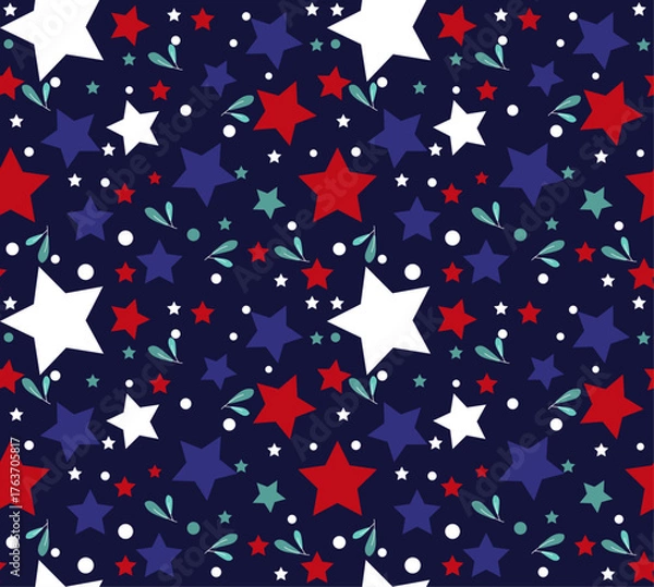Obraz Winter Seamless Vector Floral Pattern with Small Green Branches and Stars on a dark Blue Background.	