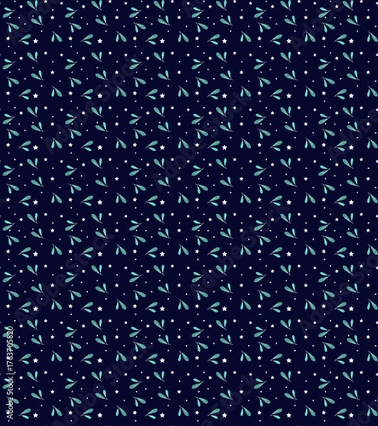 Obraz Winter Seamless Vector Floral Pattern with Green Branches and Stars on a dark Blue Background.	