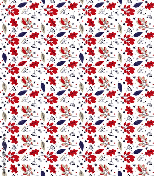 Obraz Winter Seamless Vector Floral Pattern with  Branches, Leaves and Stars on a White Background.	