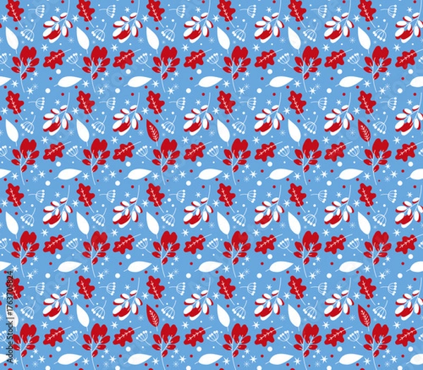 Obraz Winter Seamless Vector Floral Pattern with Branches, Leaves and Stars on a Blue Background.	