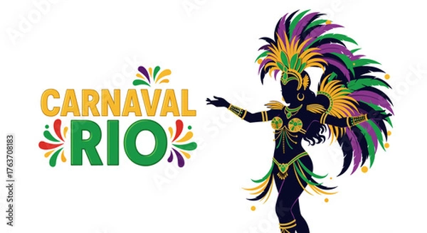 Obraz Carnaval Dancer Silhouette Displaying Vibrant Costume and Feathers for Rio Festival Celebration, Showcasing Brazilian Culture, Tradition, and Entertainment for Travel Promotion and Colorful Festive Ba