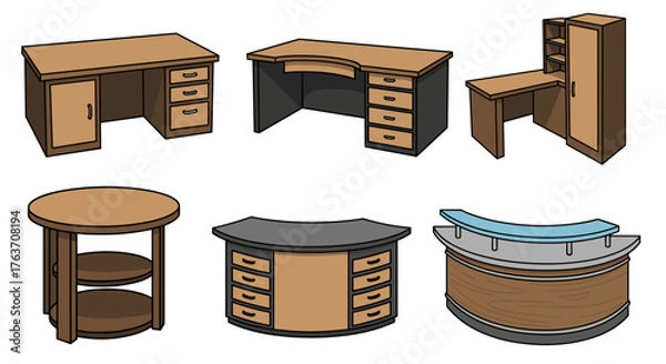 Fototapeta Office Furniture Collection: Desks and Reception Counters for Business Interior Design, Workspace Planning, and Home Office Setup. Modern and Traditional Styles, Wood Grain Detail, Illustration for In