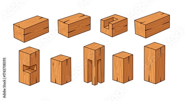 Fototapeta Isometric Wood Joinery Illustration: Traditional Japanese Woodworking Techniques for Carpentry, Timber Framing & Furniture Making, Demonstrating Strength, Precision & Stability in Design, Engineering