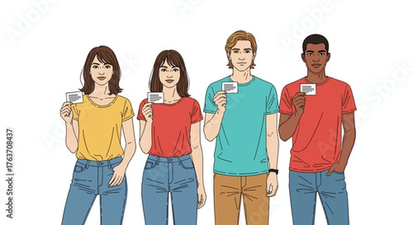 Obraz Diverse Professionals Holding Business Cards at Conference: Teamwork, Networking Event, Modern Business, Collaboration, Communication, Marketing, Presentation, Information, Connection, Credentials, Id